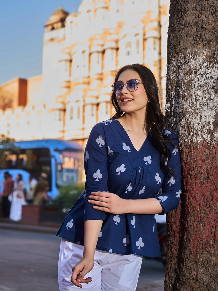 Navy Blue Gathered Or Pleated A-Line Regular Top