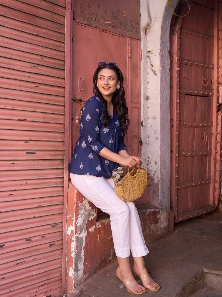 Navy Blue Gathered Or Pleated A-Line Regular Top