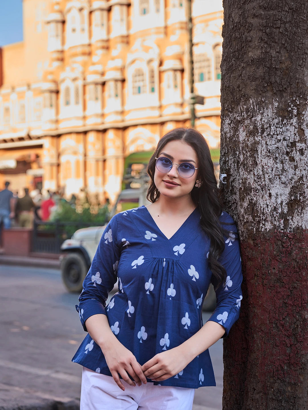 Navy Blue Gathered Or Pleated A-Line Regular Top