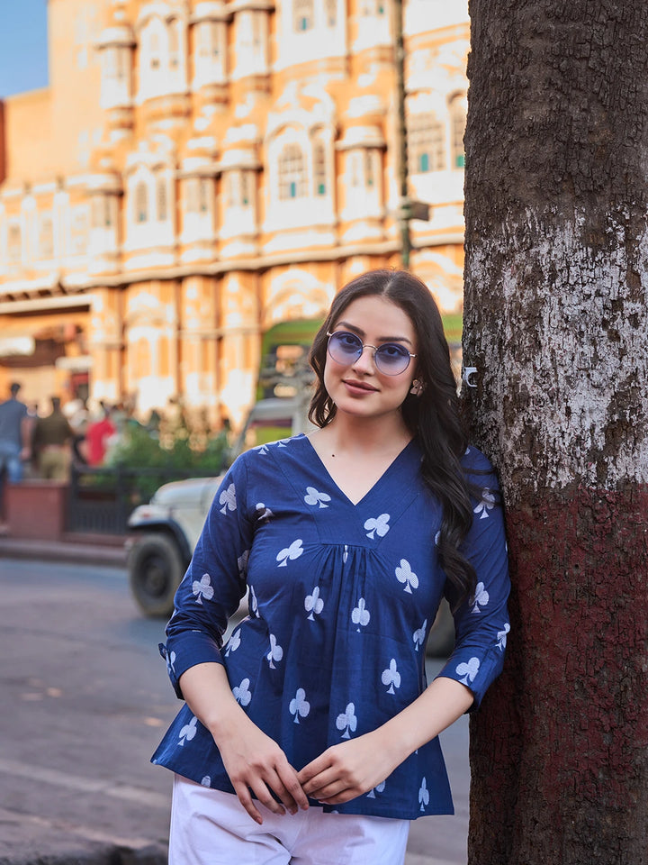 Navy Blue Gathered Or Pleated A-Line Regular Top