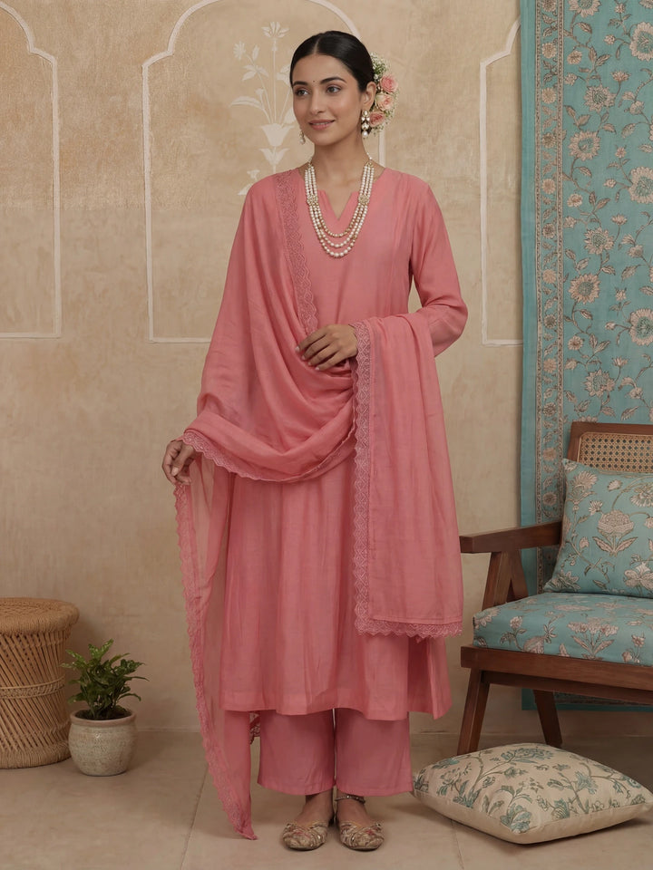 Pink Solid A-Line Design Lining Kurta Trouser Dupatta Set