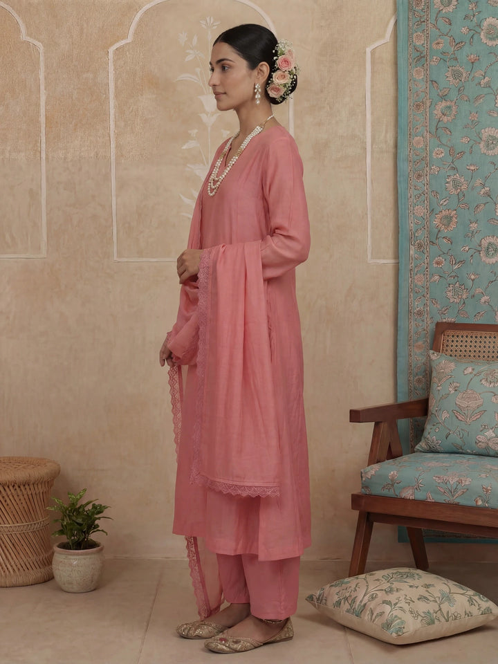 Pink Solid A-Line Design Lining Kurta Trouser Dupatta Set