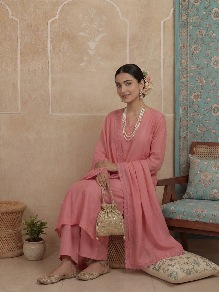 Pink Solid A-Line Design Lining Kurta Trouser Dupatta Set
