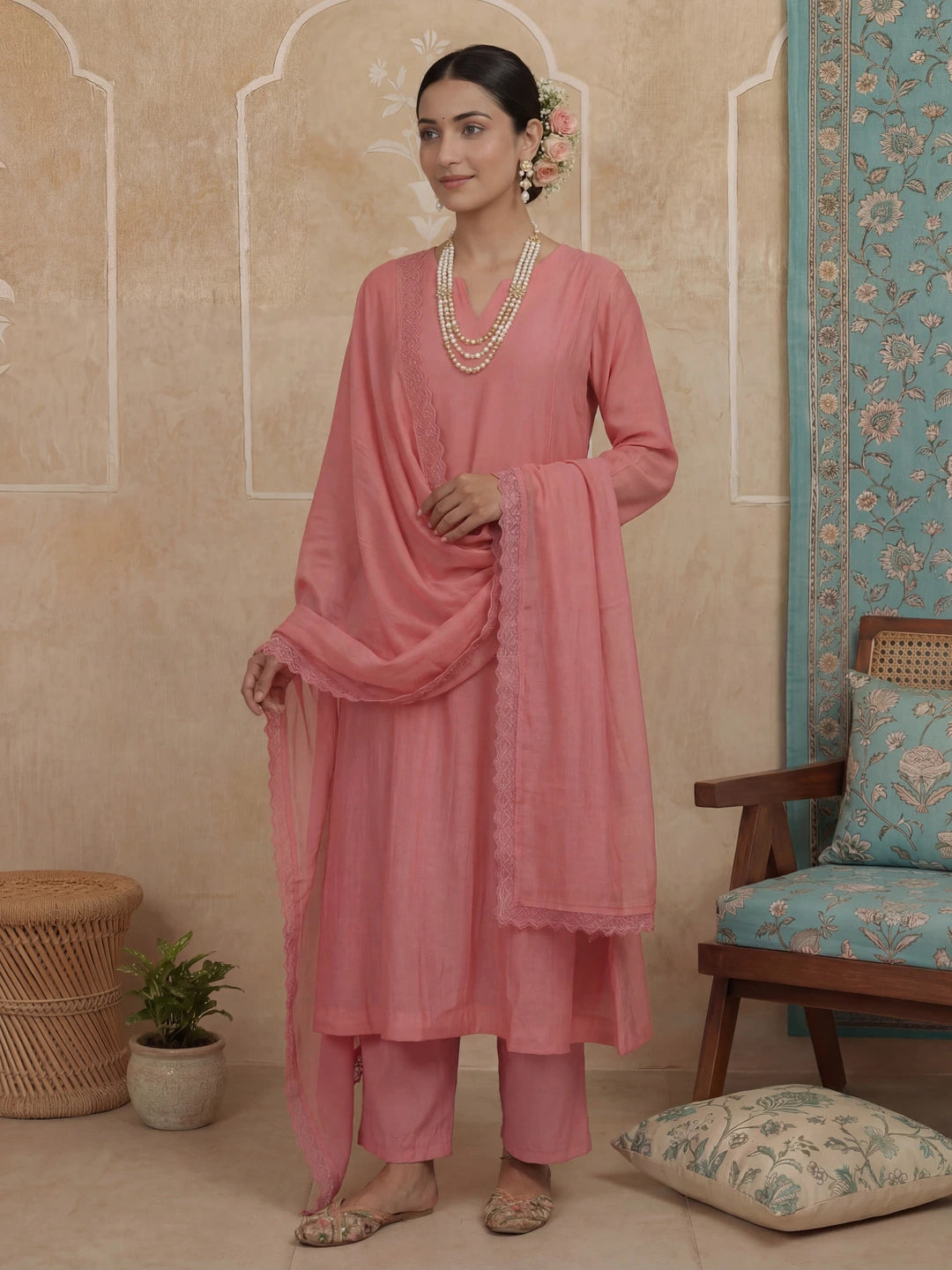 Pink Solid A-Line Design Lining Kurta Trouser Dupatta Set