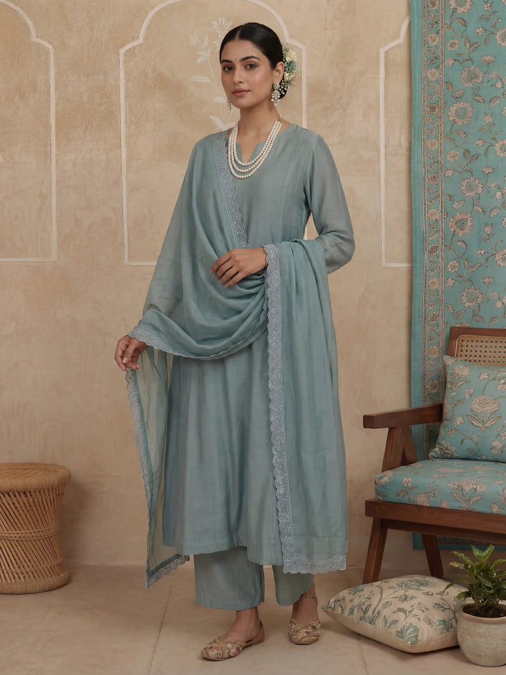 Turquoise Blue Solid A-Line Design Lining Kurta Trouser Dupatta Set