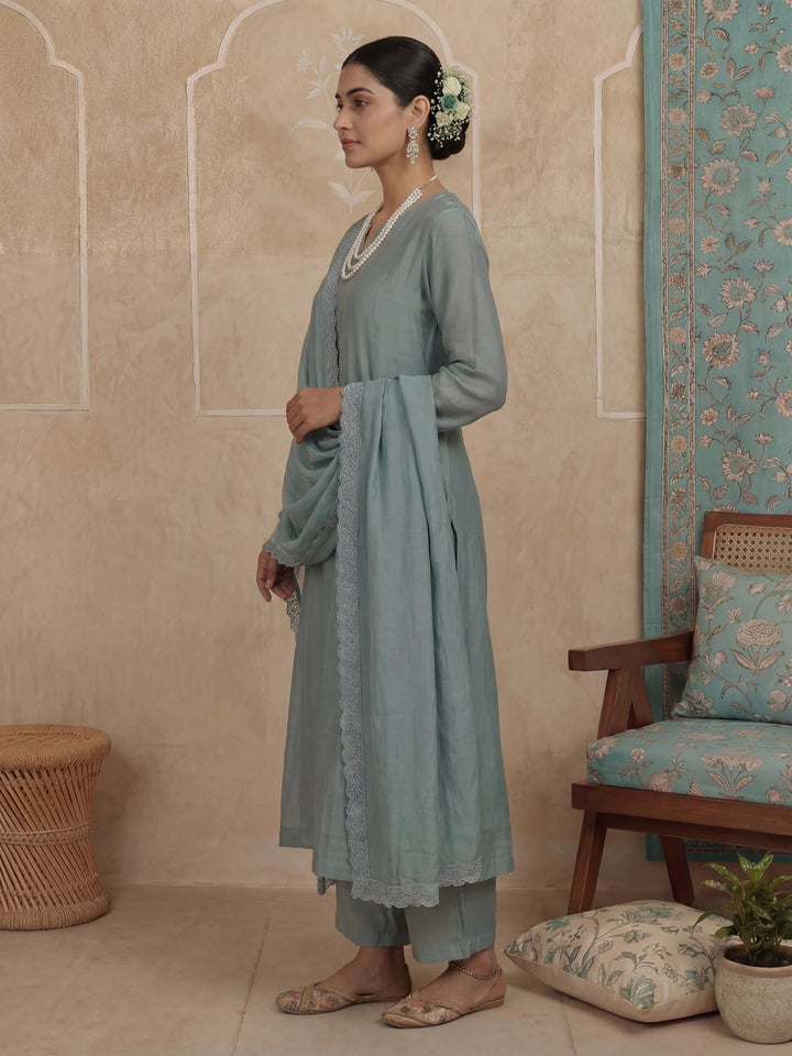 Turquoise Blue Solid A-Line Design Lining Kurta Trouser Dupatta Set