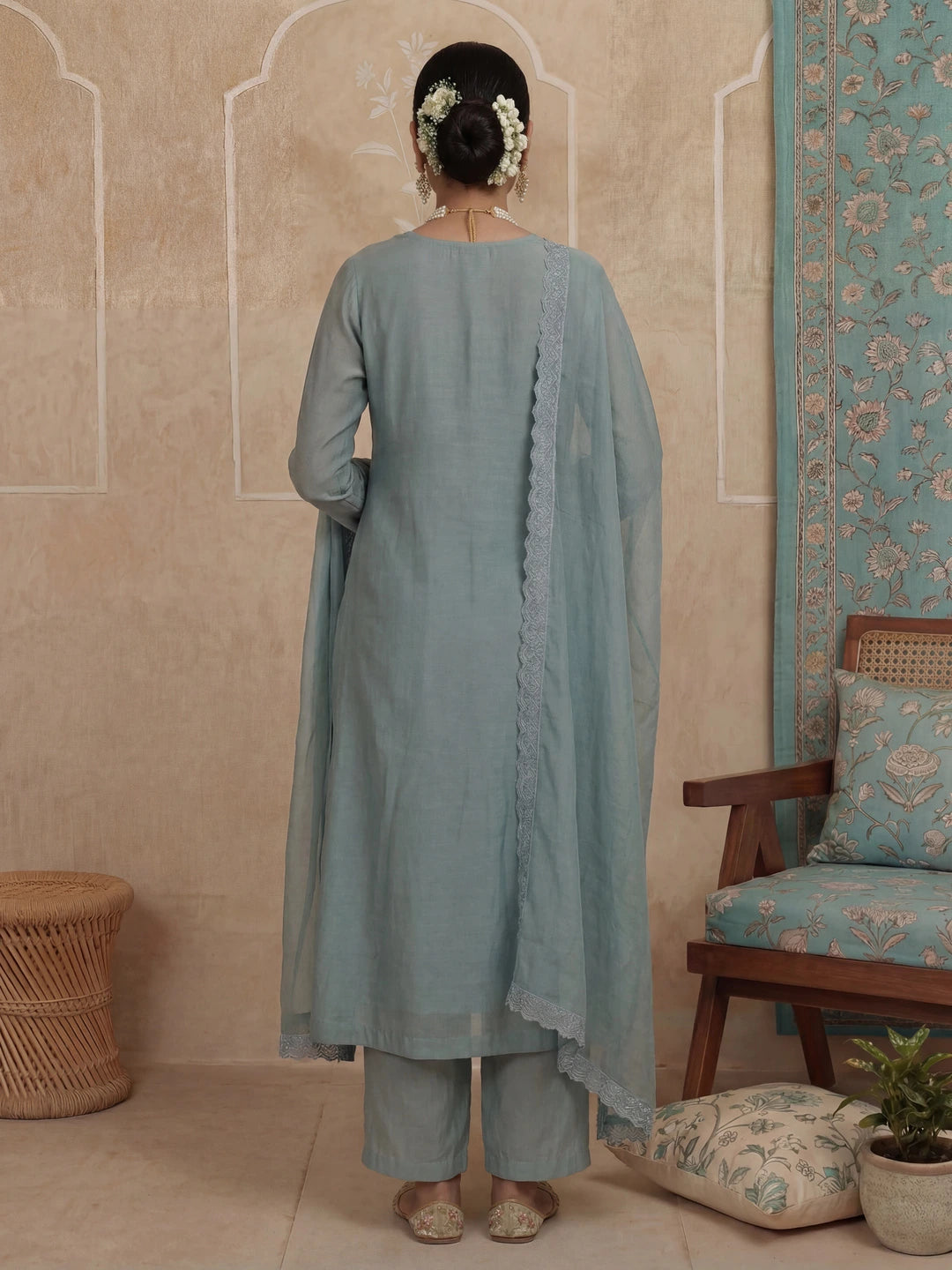 Turquoise Blue Solid A-Line Design Lining Kurta Trouser Dupatta Set