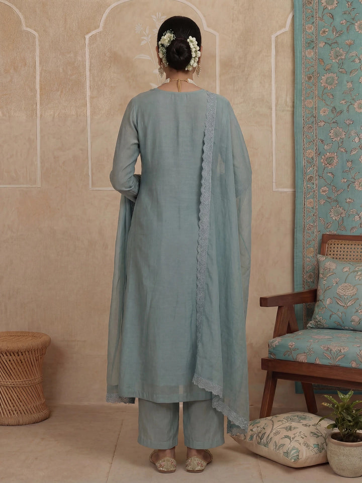 Turquoise Blue Solid A-Line Design Lining Kurta Trouser Dupatta Set