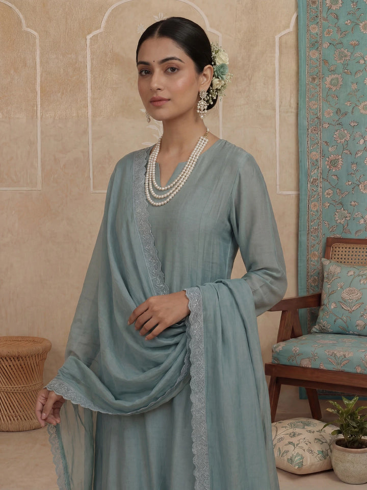 Turquoise Blue Solid A-Line Design Lining Kurta Trouser Dupatta Set