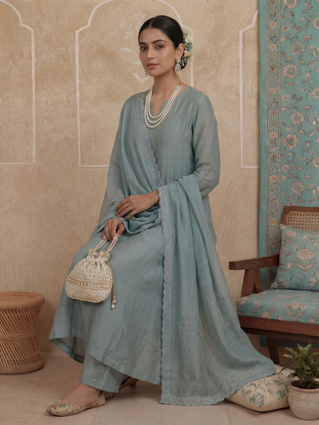 Turquoise Blue Solid A-Line Design Lining Kurta Trouser Dupatta Set