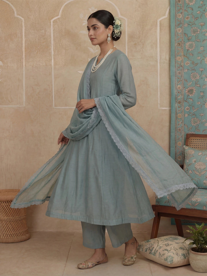 Turquoise Blue Solid A-Line Design Lining Kurta Trouser Dupatta Set