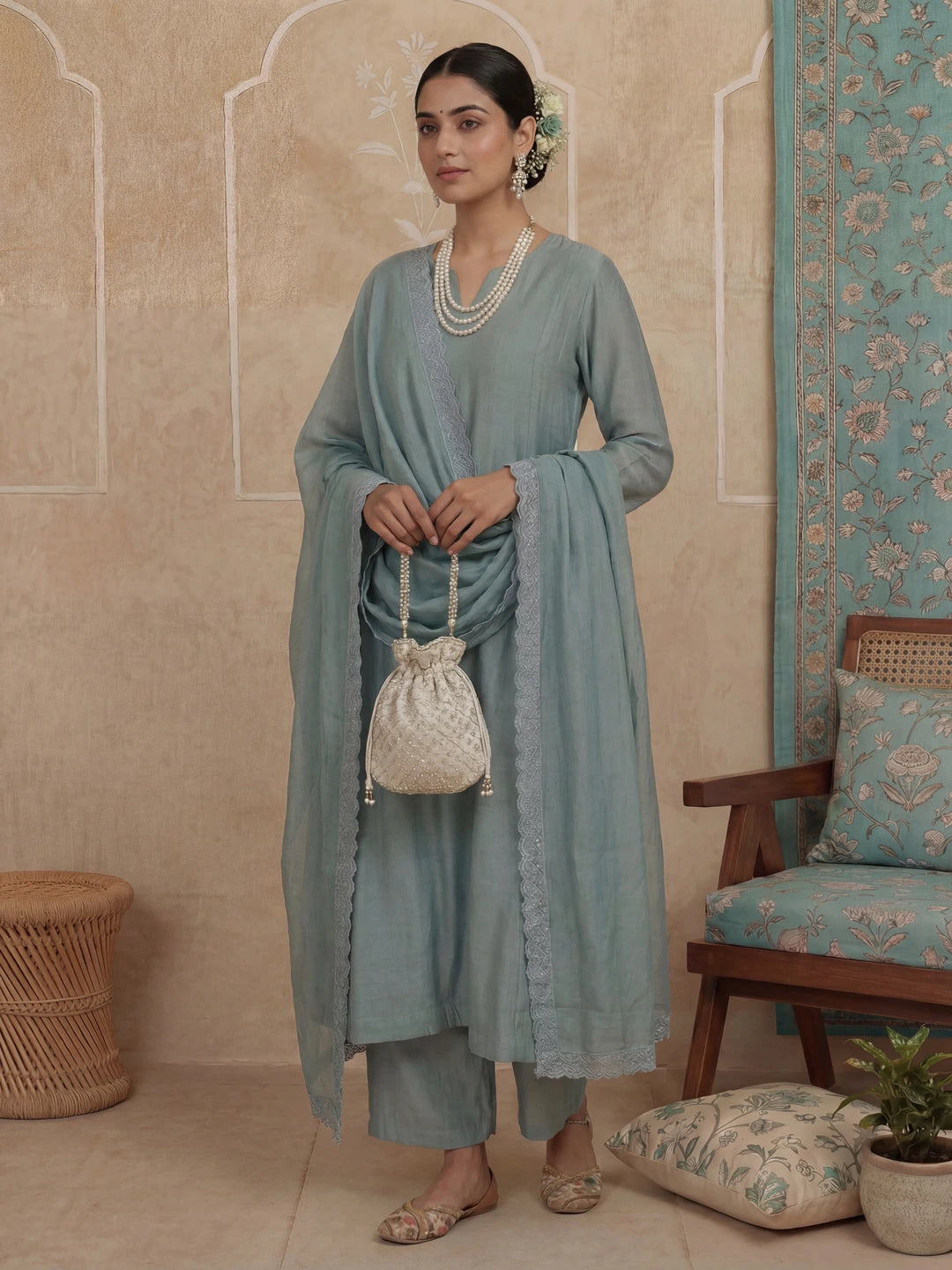 Turquoise Blue Solid A-Line Design Lining Kurta Trouser Dupatta Set