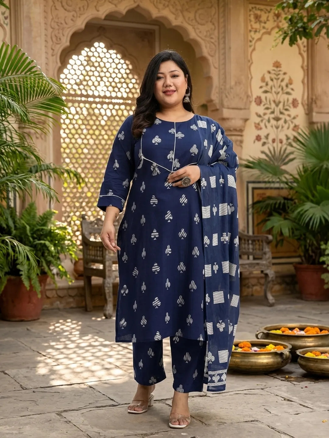 Navy Blue Cotton Tassel Work Straight Fit Plus Size Kurta Pant Dupatta Set