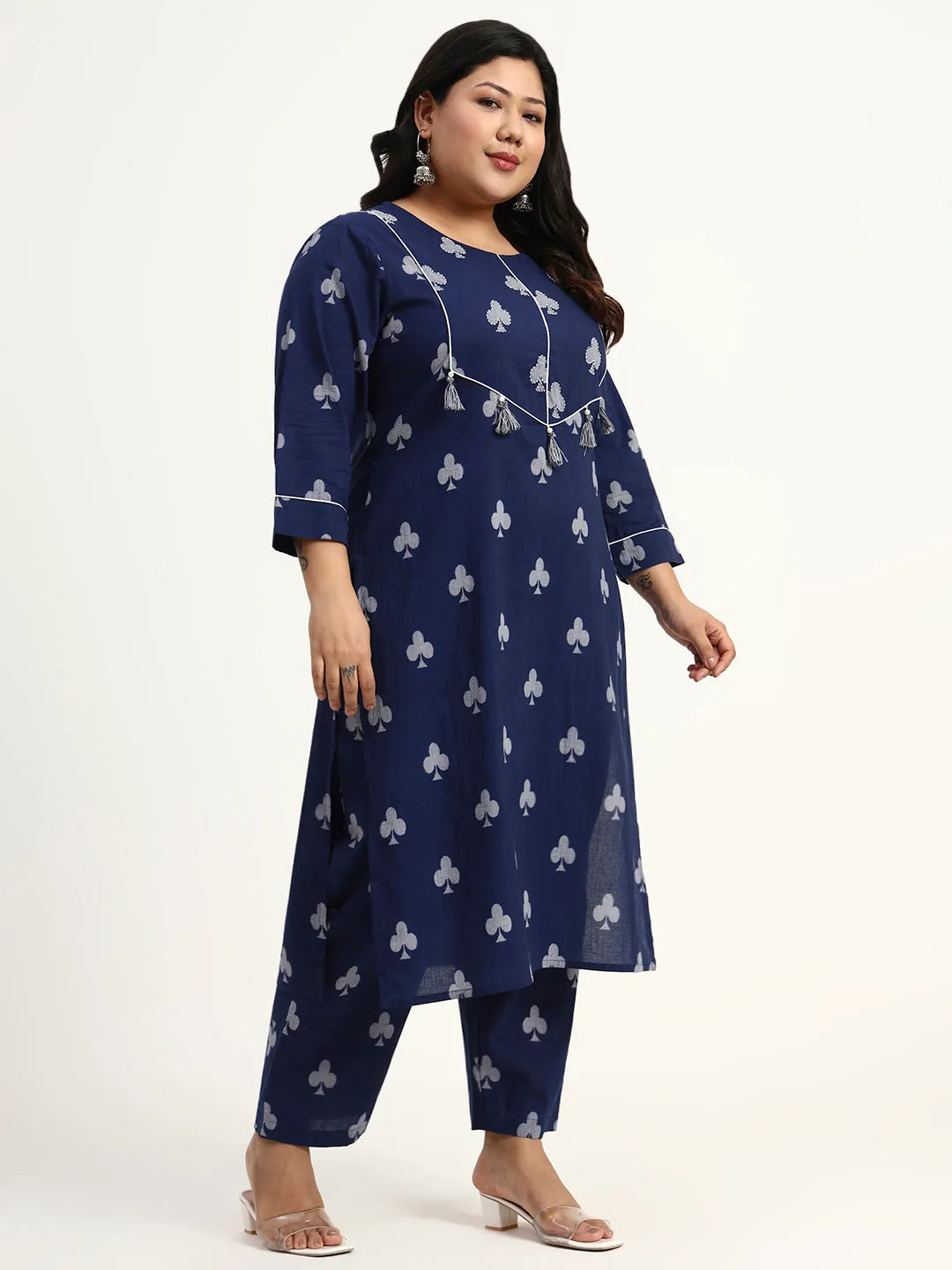 Navy Blue Cotton Tassel Work Straight Fit Plus Size Kurta Pant Dupatta Set