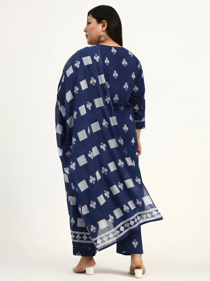 Navy Blue Cotton Tassel Work Straight Fit Plus Size Kurta Pant Dupatta Set