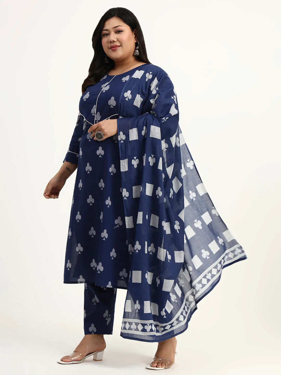 Navy Blue Cotton Tassel Work Straight Fit Plus Size Kurta Pant Dupatta Set