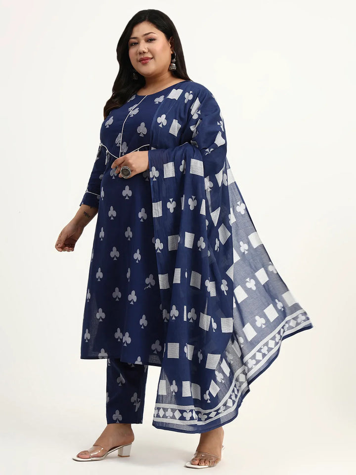 Navy Blue Cotton Tassel Work Straight Fit Plus Size Kurta Pant Dupatta Set