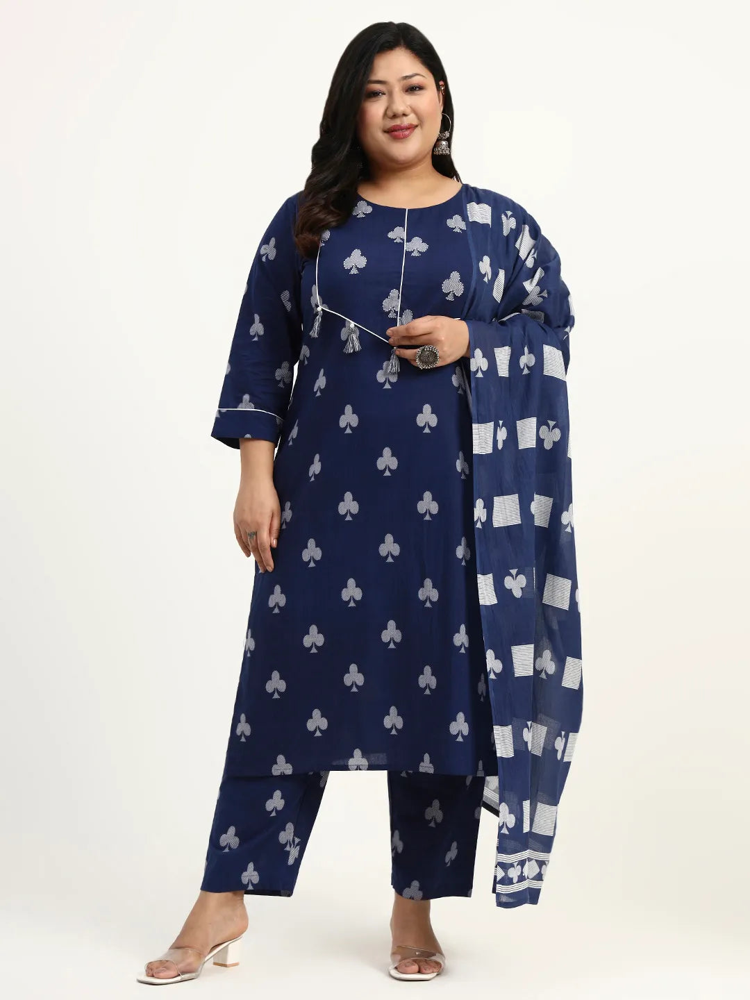 Navy Blue Cotton Tassel Work Straight Fit Plus Size Kurta Pant Dupatta Set