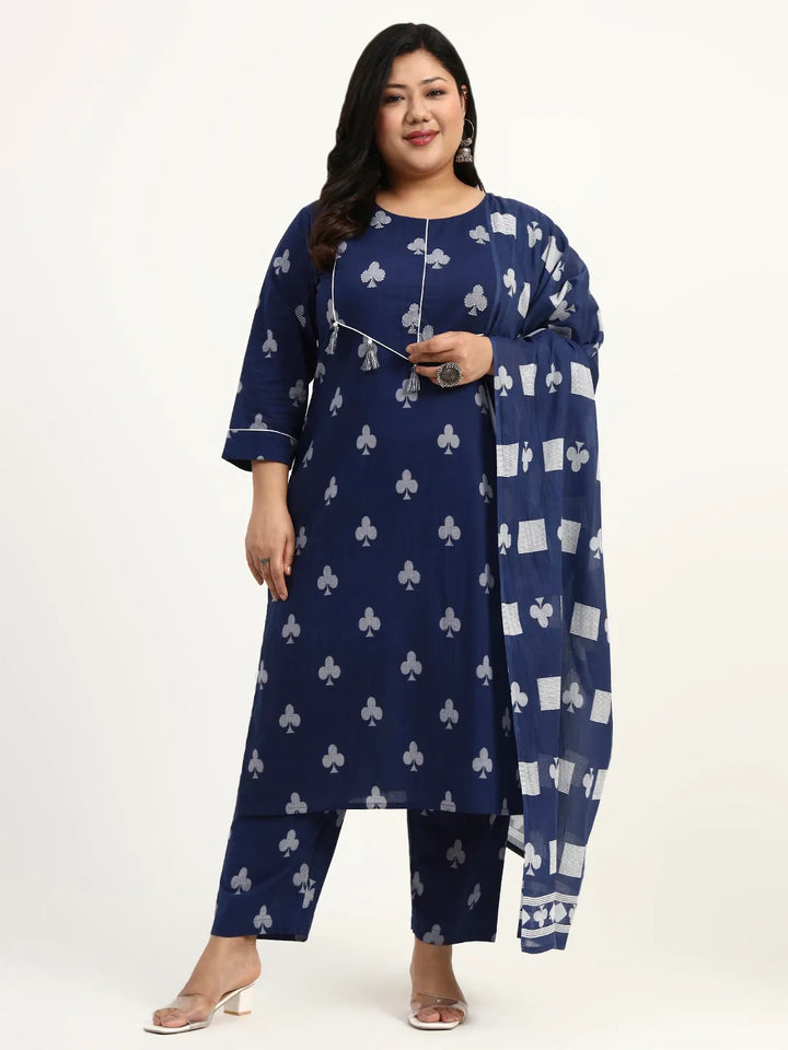 Navy Blue Cotton Tassel Work Straight Fit Plus Size Kurta Pant Dupatta Set
