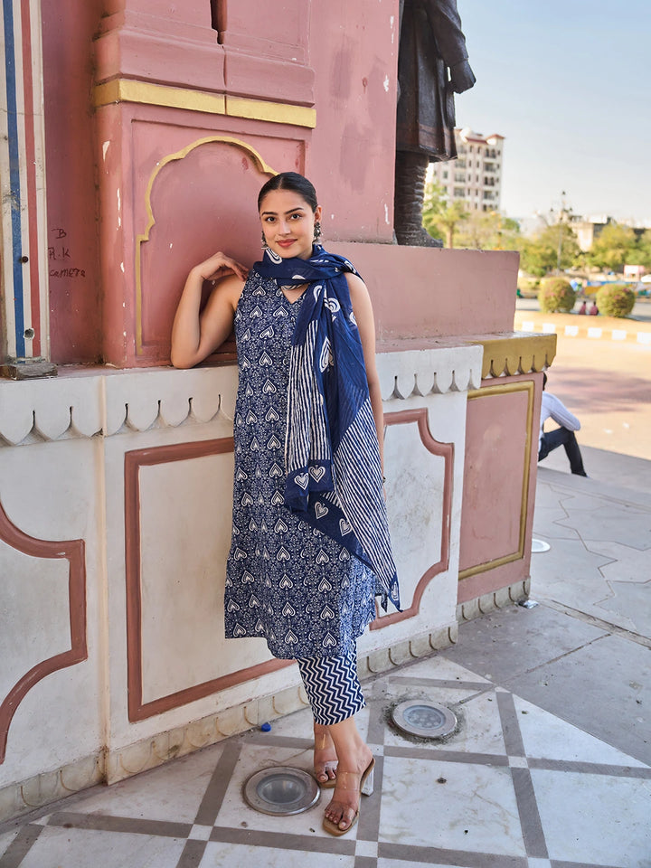 Navy Blue Ethnic Motifs A-Line One Pocket Kurta Trouser Dupatta Set