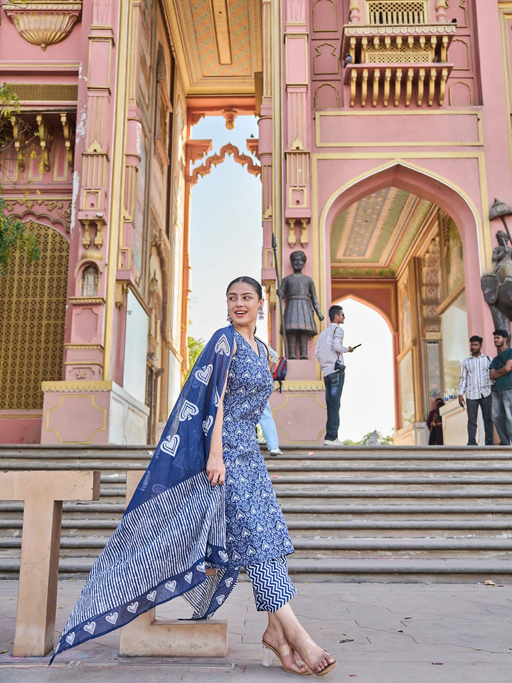 Navy Blue Ethnic Motifs A-Line One Pocket Kurta Trouser Dupatta Set