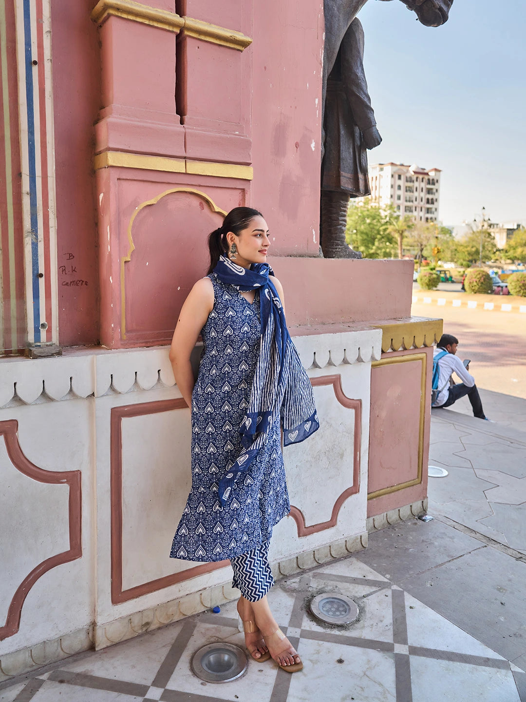 Navy Blue Ethnic Motifs A-Line One Pocket Kurta Trouser Dupatta Set