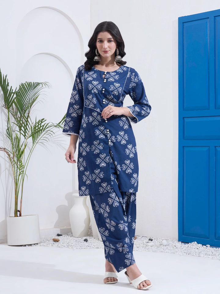 Navy Blue Cotton Kurta Salwar Co-Ord Set
