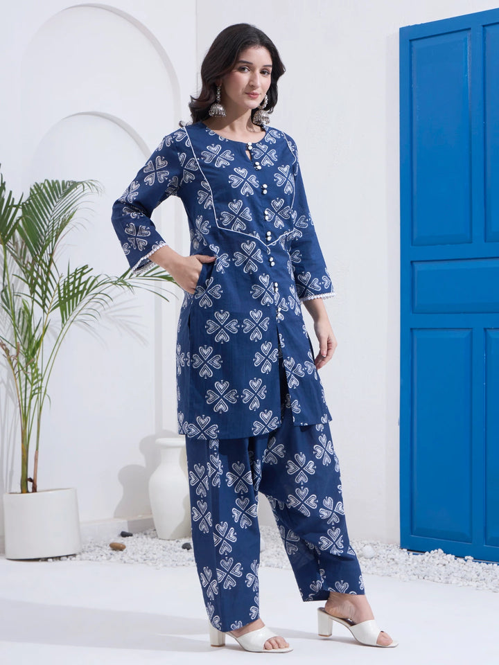 Navy Blue Cotton Kurta Salwar Co-Ord Set