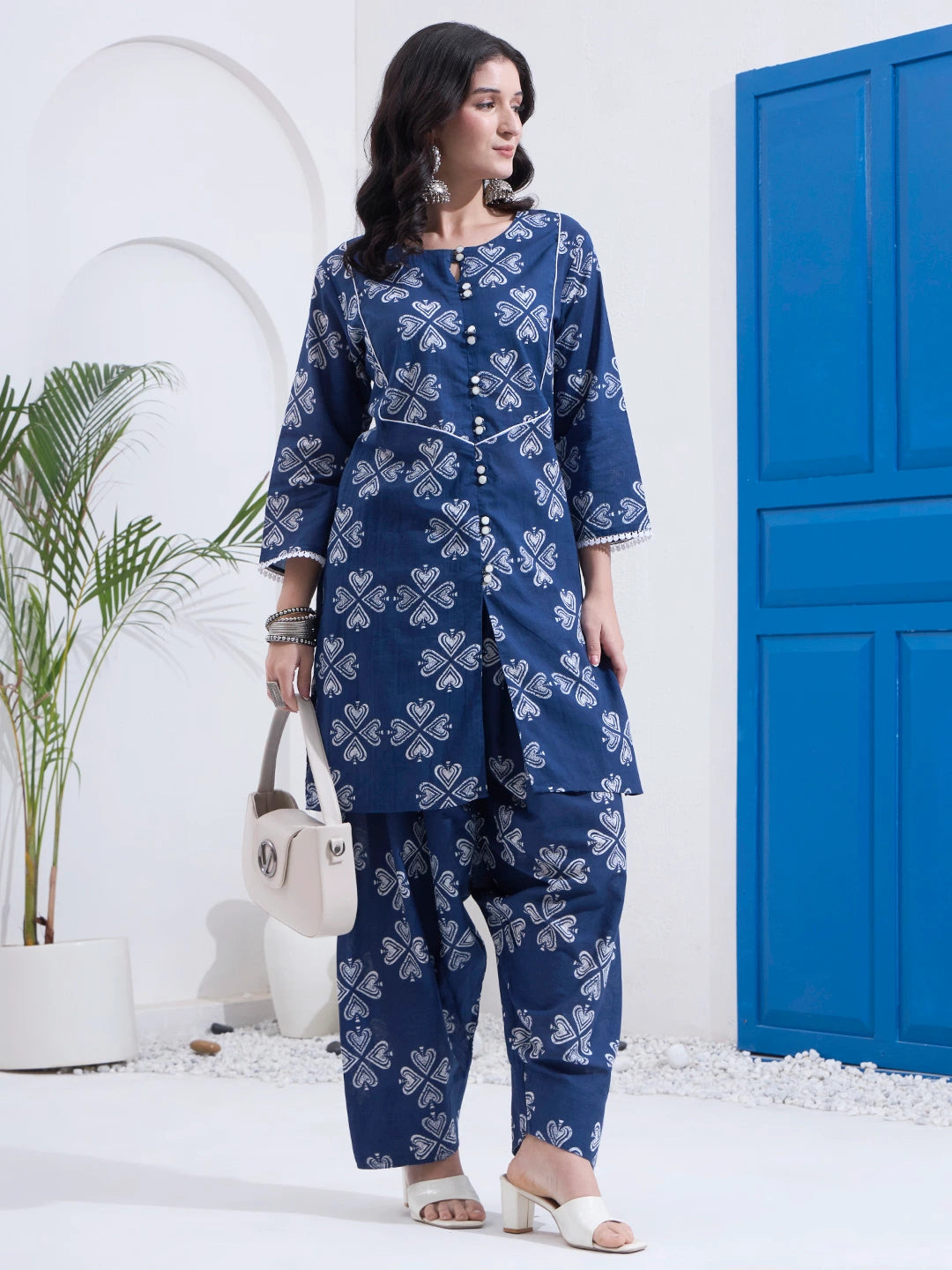 Navy Blue Cotton Kurta Salwar Co-Ord Set