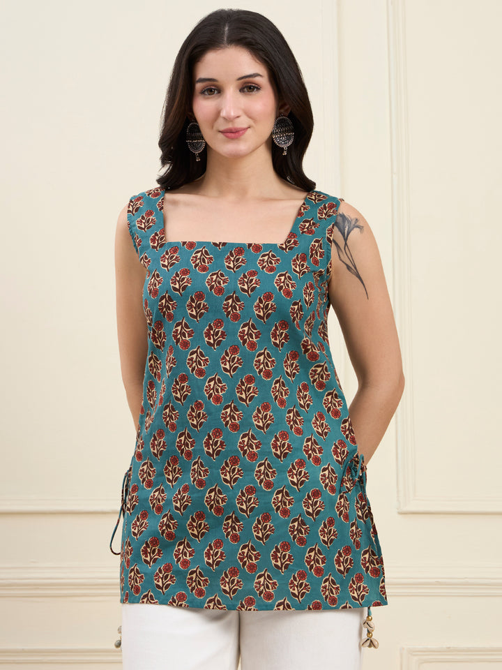 Teal Green Cotton Straight Kurti Style Top