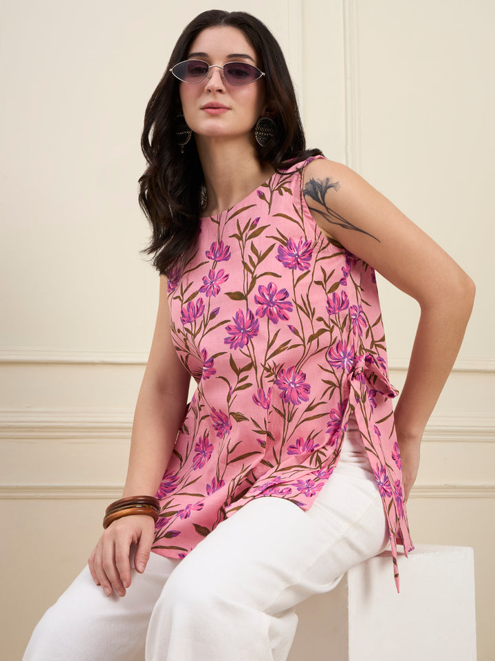 Pink Cotton Boat Neck Straight High Slit Style Top