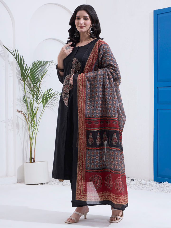 Black Cotton A Line Patch Work Kurta Pant Dupatta Set