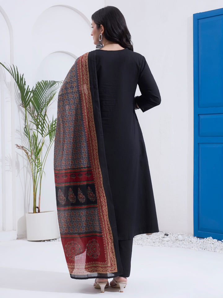 Black Cotton A Line Patch Work Kurta Pant Dupatta Set