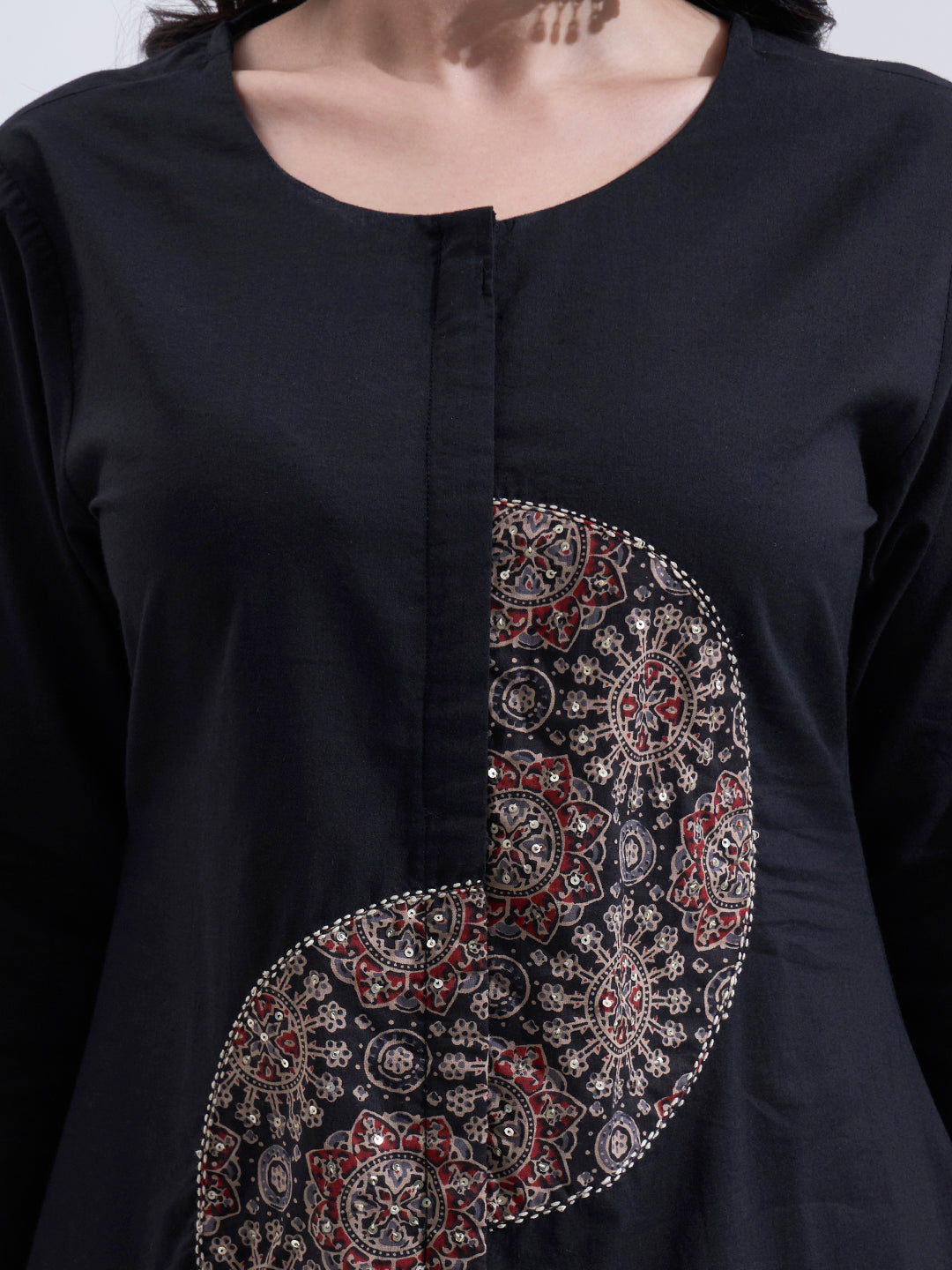 Black Cotton A Line Patch Work Kurta Pant Dupatta Set