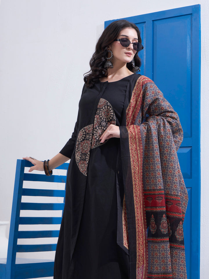 Black Cotton A Line Patch Work Kurta Pant Dupatta Set