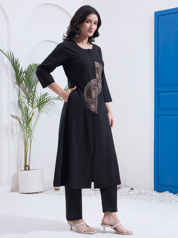 Black Cotton A Line Patch Work Kurta Pant Dupatta Set