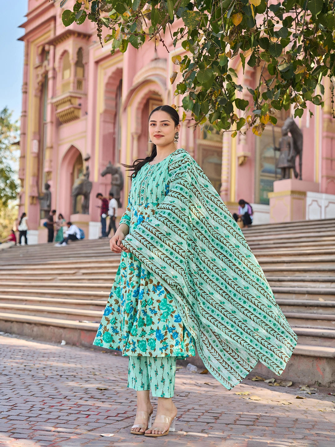 Sea Green Anarkali Pintuck Detailing Kurta Trouser Dupatta Set