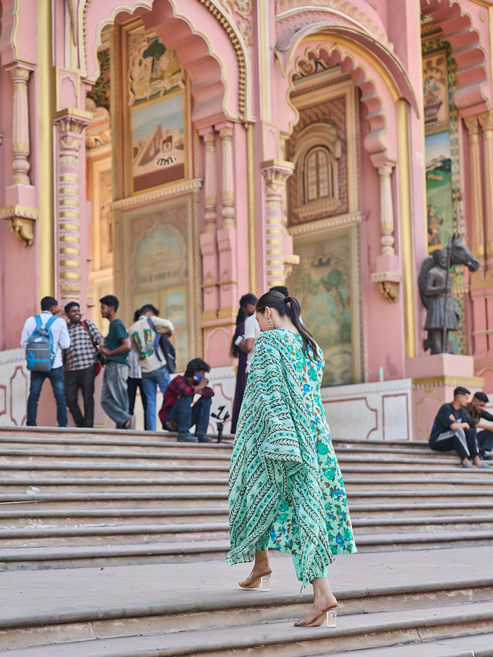 Sea Green Anarkali Pintuck Detailing Kurta Trouser Dupatta Set