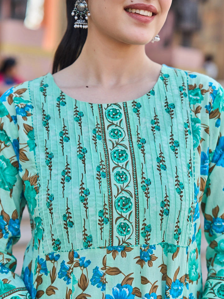 Sea Green Anarkali Pintuck Detailing Kurta Trouser Dupatta Set