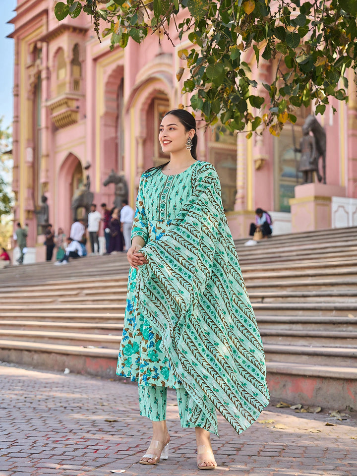 Sea Green Anarkali Pintuck Detailing Kurta Trouser Dupatta Set