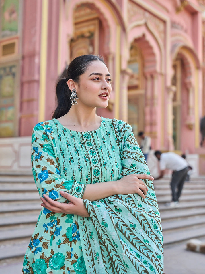 Sea Green Anarkali Pintuck Detailing Kurta Trouser Dupatta Set