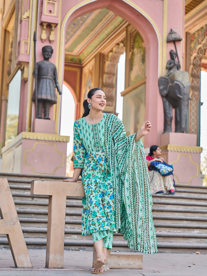 Sea Green Anarkali Pintuck Detailing Kurta Trouser Dupatta Set