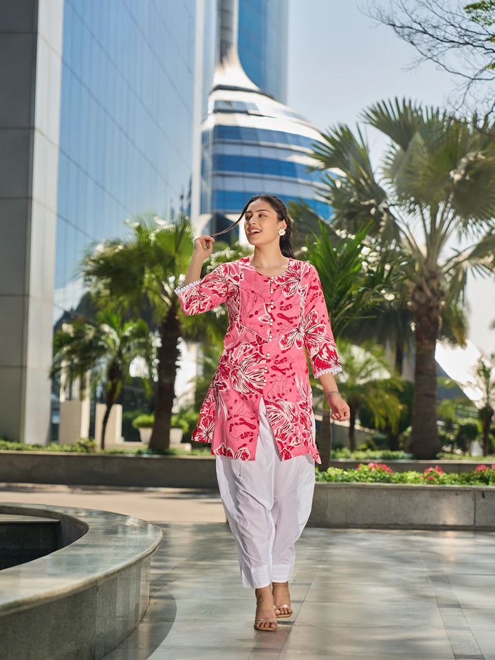 Pink Floral Print This Tunic Salwar Co-Ord Set