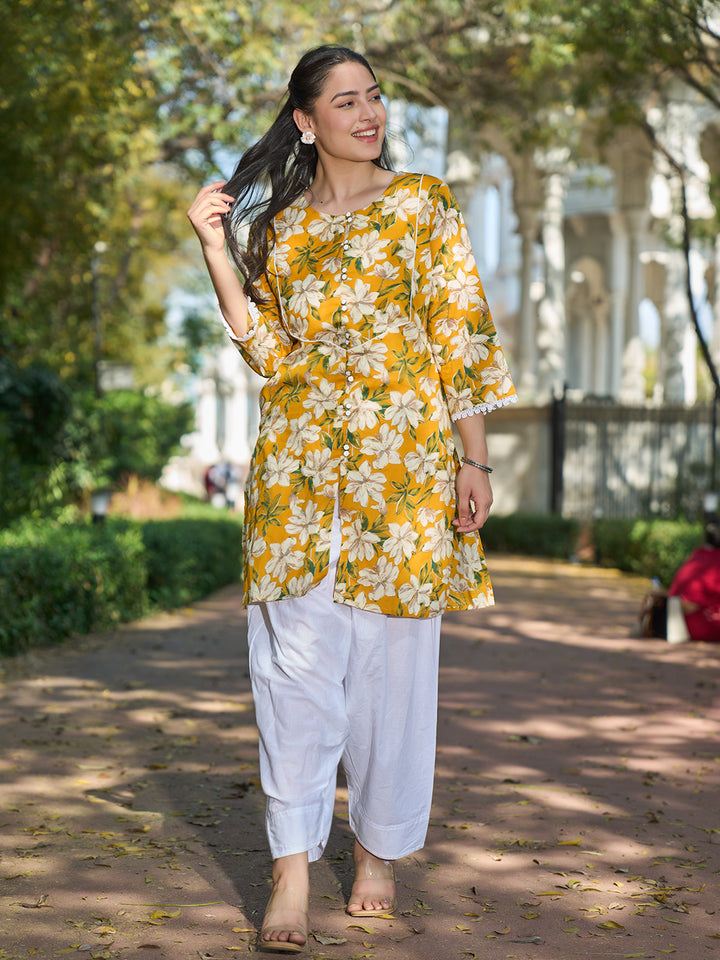 Yellow Floral Print This Tunic Salwar Co-Ord Set