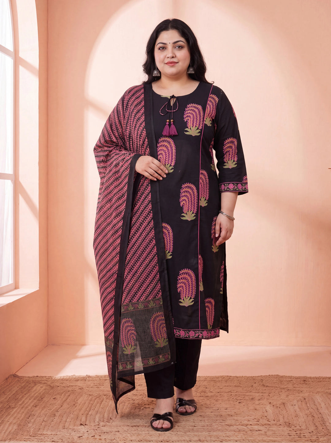 Black Pure Cotton Aline Plus Size Kurta Trouser Dupatta Set