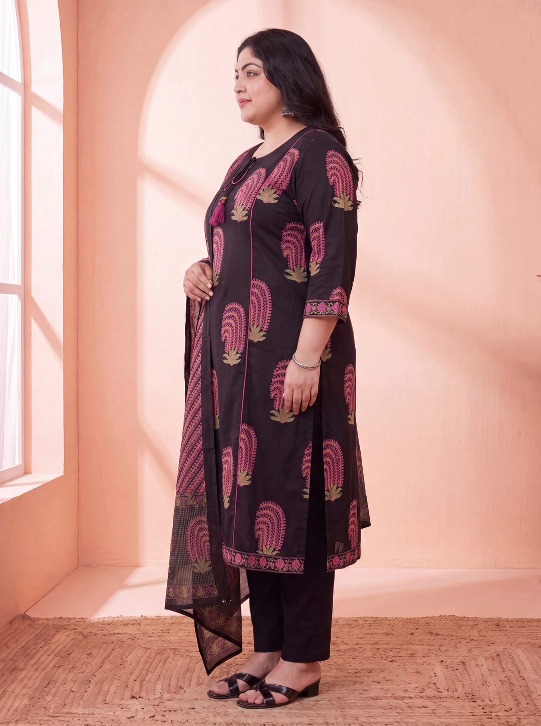 Black Pure Cotton Aline Plus Size Kurta Trouser Dupatta Set
