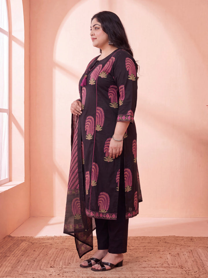 Black Pure Cotton Aline Plus Size Kurta Trouser Dupatta Set
