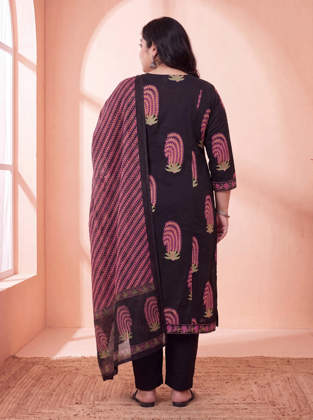 Black Pure Cotton Aline Plus Size Kurta Trouser Dupatta Set