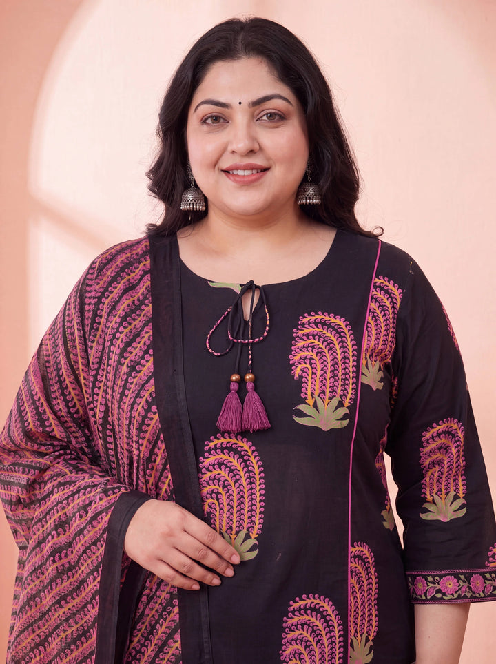 Black Pure Cotton Aline Plus Size Kurta Trouser Dupatta Set
