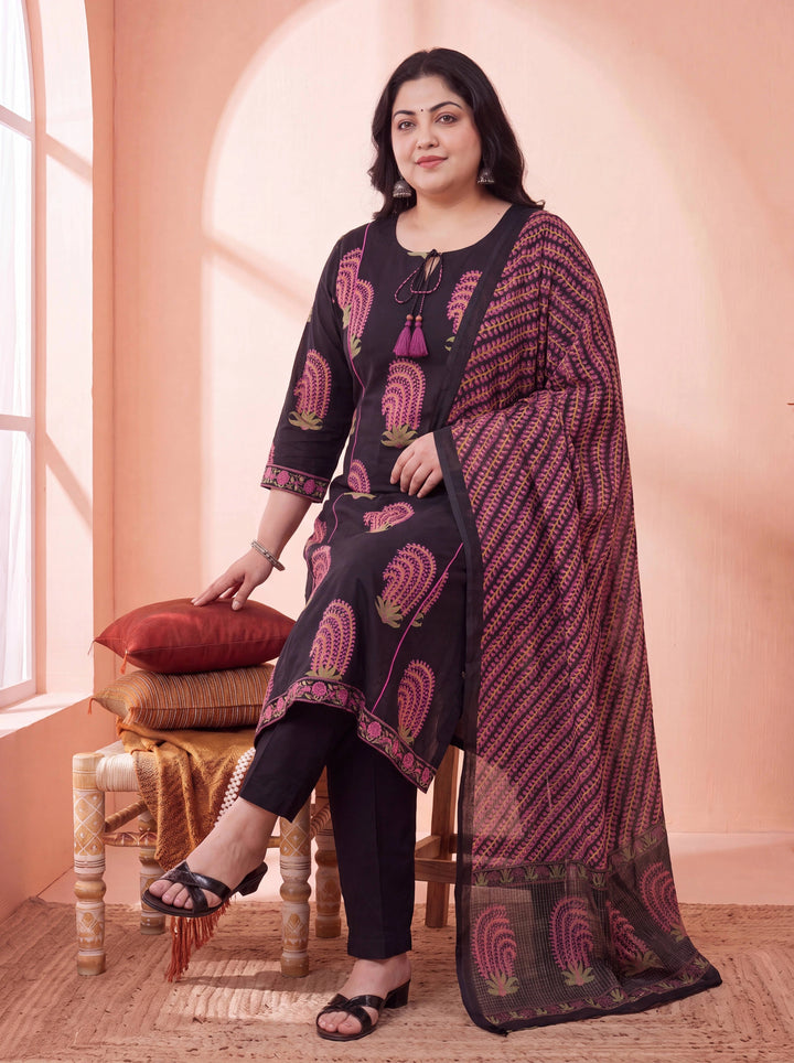 Black Pure Cotton Aline Plus Size Kurta Trouser Dupatta Set
